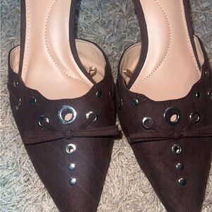 Time and Tru Dark Brown Pointed-Toe Slingback Mules with Silver Eyelet Accents